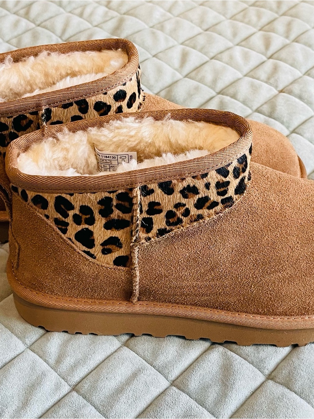 UGG Chestnut Suede Ankle Booties with Leopard Trim